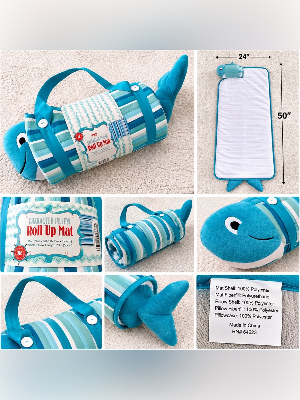 Morgan Home Whale Character Roll-Up Nap Mat with Pillow | New